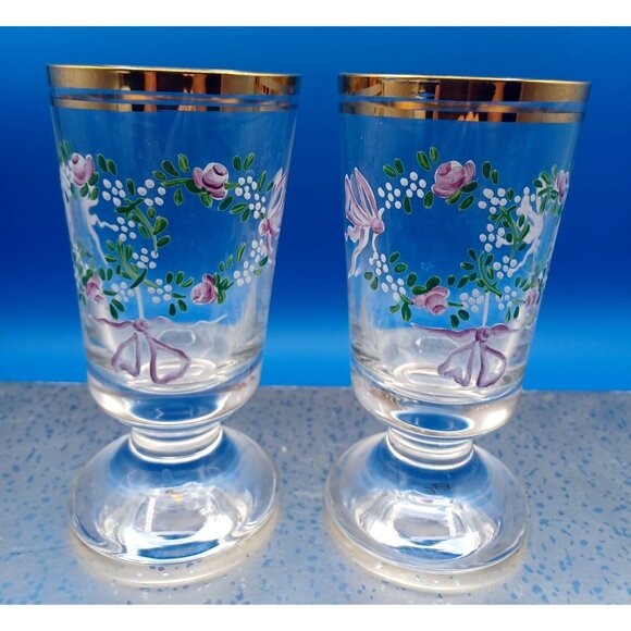 2 Antique Moser Enameled Pedestal Glasses Gold Rim Purple Floral Swags Design - Picture 5 of 16